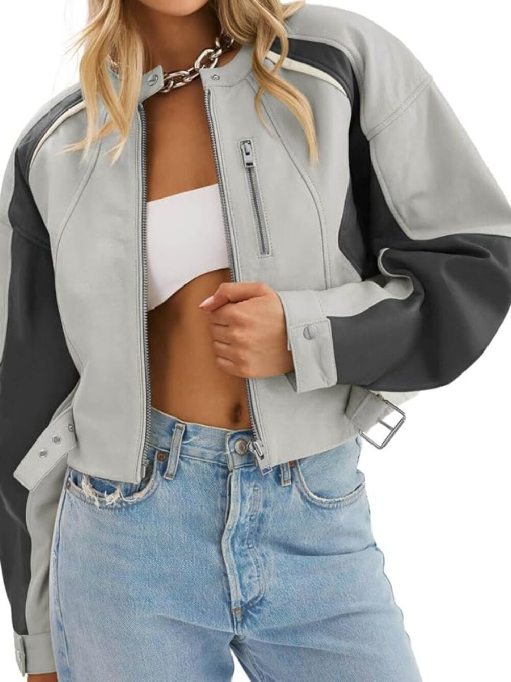 Women's Grey Faux Leather Comfortable Zip Up Color Block Casual Bomber Jackets